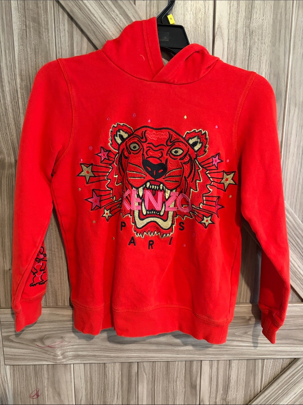 Kenzo Red Embroidered Tiger Hoodie with Star Accents